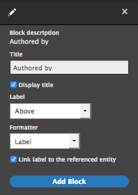 Field settings for the 'Authored by' field being added to the Basic page content item layout