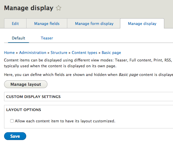 Manage display page for Basic page content type